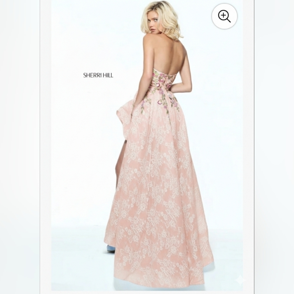 Sherri Hill 50966 High-Low Lace Gown NWT Size 0 Blush Floral - Picture 3 of 4